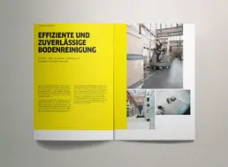 Broschüren-Doppelseite mit Einleitung und Anwendungsbildern