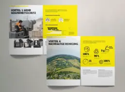 Collage aus zwei Broschüren-Doppelseiten zu den Benefits von Kehrmaschinen