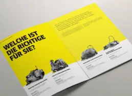 Broschüren-Doppelseite mit vier Kehrmaschinen-Kategorien