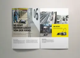 Broschüren-Doppelseite mit Produkt und Anwendungsbildern