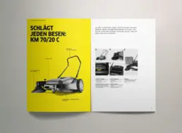 Broschüren-Doppelseite mit Produkt und Detailbildern