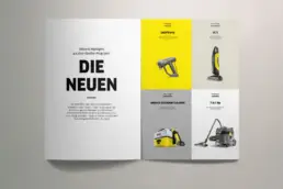 Kundenmagazin-Doppelseite: Abbildung von vier neuen Produkten