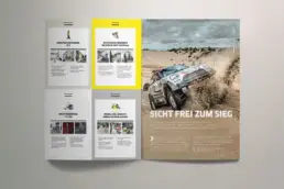 Kundenmagazin-Doppelseite: Abbildung von vier neuen Produkten und Reportage Rallye Dakar