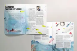 Collage aus zwei Kundenmagazin-Doppelseiten zum Thema Sauberes Wasser