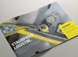 Broschüren-Doppelseite mit Fallstudien-Reportage