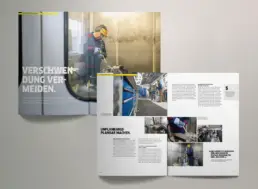 Collage aus zwei Broschüren-Doppelseiten mit Fallstudien-Reportage