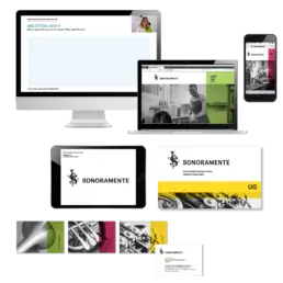 Bildschirm mit Positionierungsworkshop, Tablet mit Logo-Präsentation und mehrere Kommunikationsmittel für Sonoramente