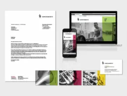 Collage aus Briefbogen, vier Visitenkarten und Laptop- und Handy-Bildschirm mit Websiten-Ansichten
